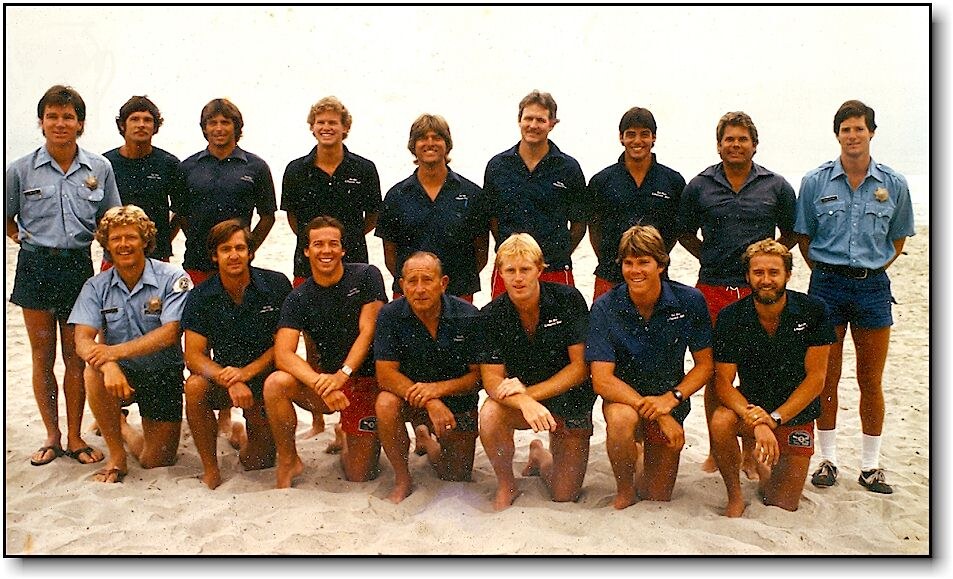 The Del Mar lifeguard corps photographed on the beach in 1982